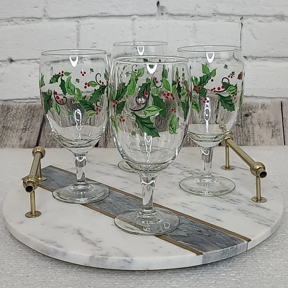 Libbey Vintage Holiday Holly Iced Tea Glass/Goblets Set of 4 (Four) Green/Red